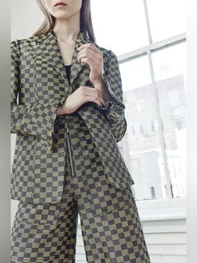 EDUN Lurex Check Plaid Blazer Size 6 Gold Black Flutter Sleeve Jacket